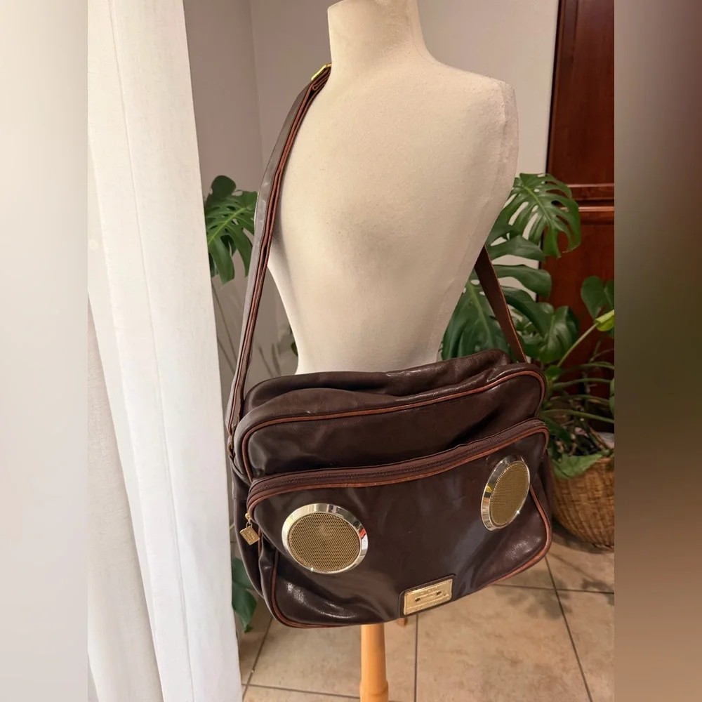 Fi-Hi Retro Speaker Shoulder Bag Built-In Amp & Speakers Brown Faux Leather Work